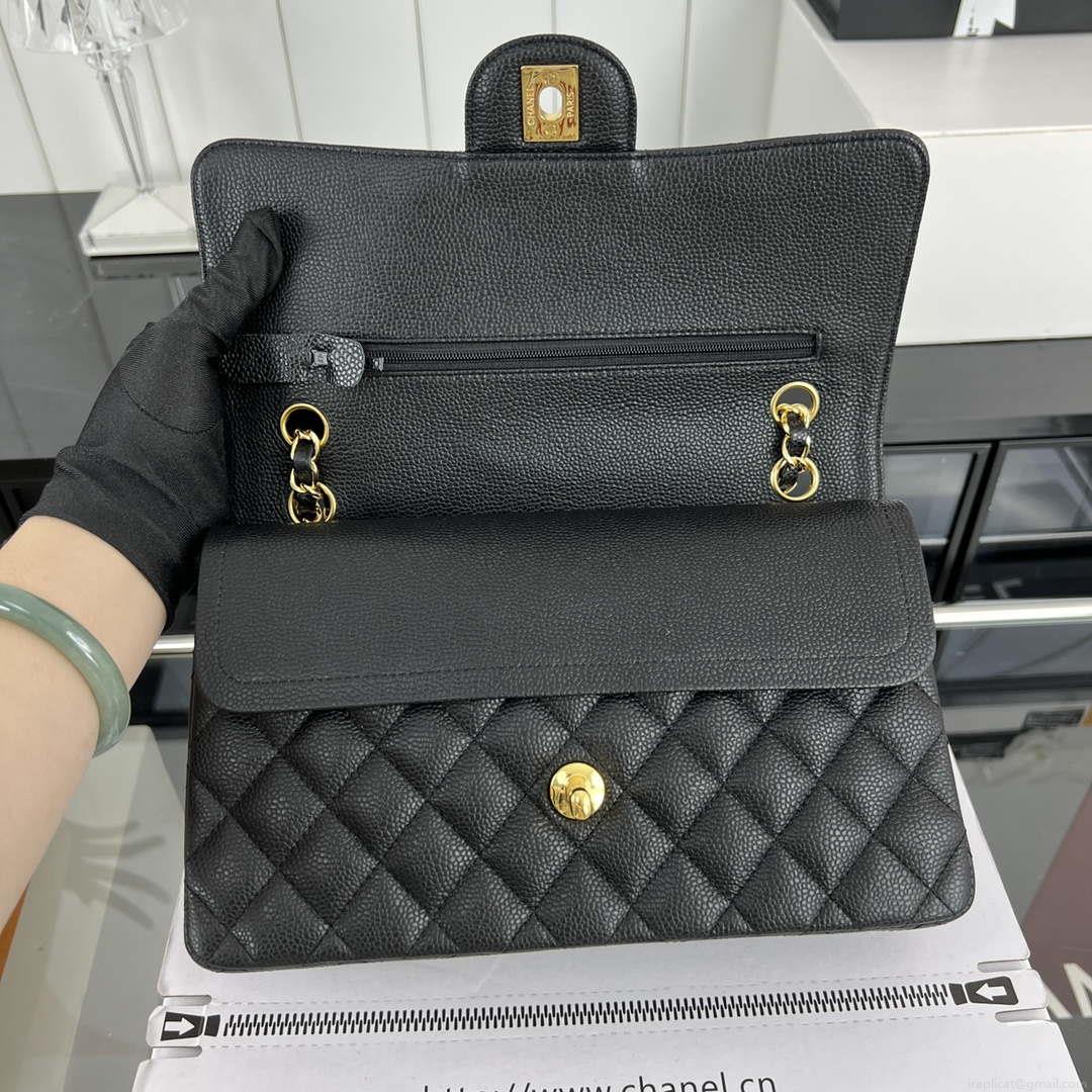 Chanel A01112 Flap Classic Handbag Grained Calfskin & Gold-Tone Metal Black