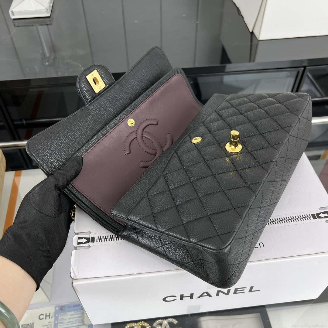 Chanel A01112 Flap Classic Handbag Grained Calfskin & Gold-Tone Metal Black