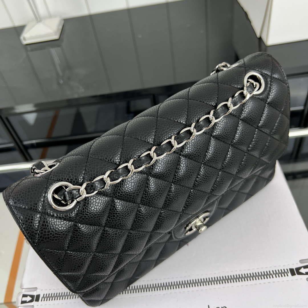 Chanel A01112 Flap Classic Handbag Grained Calfskin & Silver-Tone Metal Black