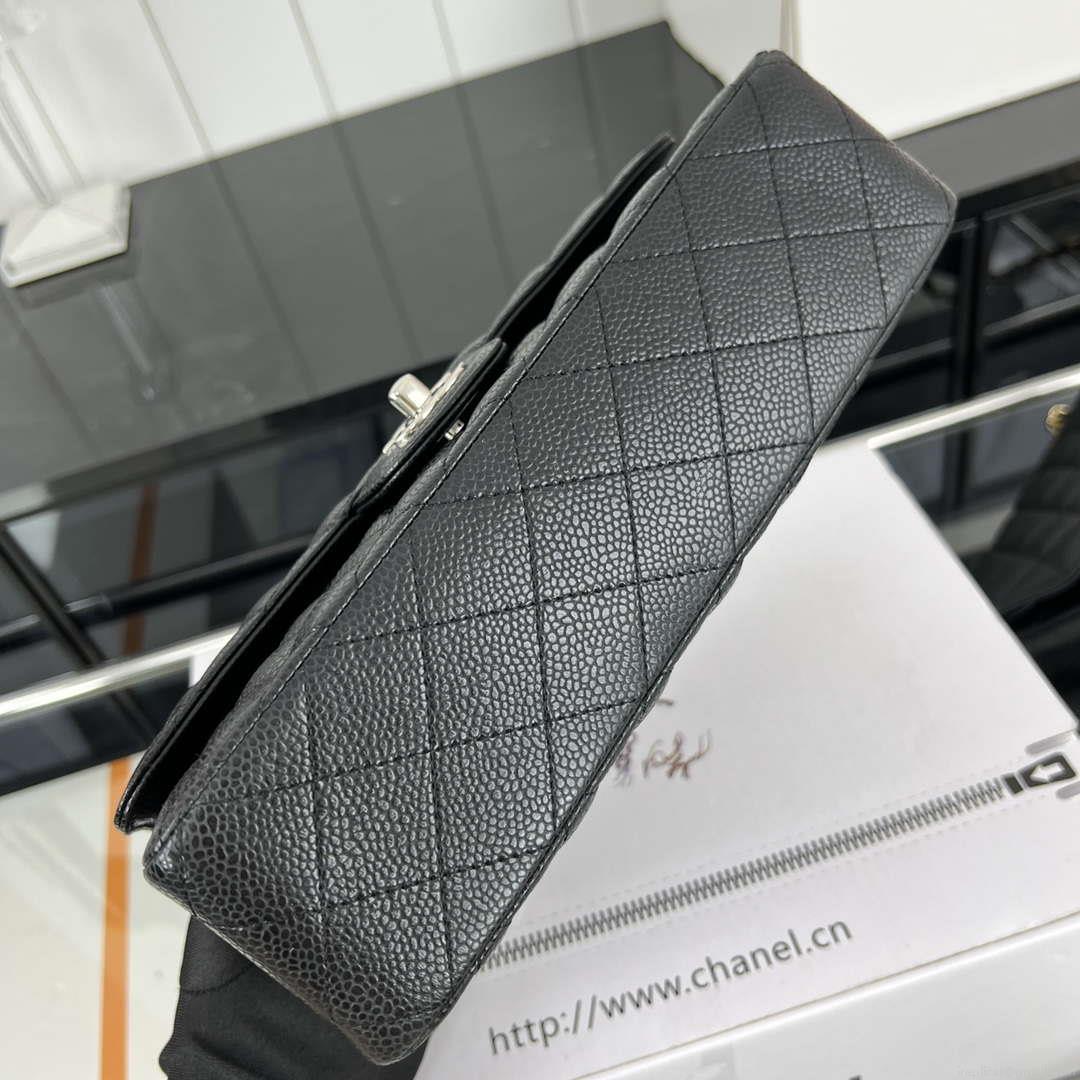 Chanel A01112 Flap Classic Handbag Grained Calfskin & Silver-Tone Metal Black