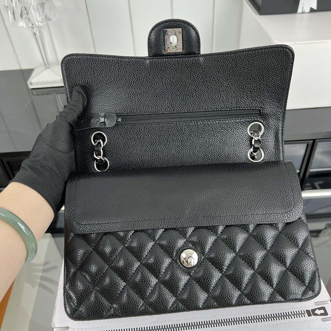 Chanel A01112 Flap Classic Handbag Grained Calfskin & Silver-Tone Metal Black
