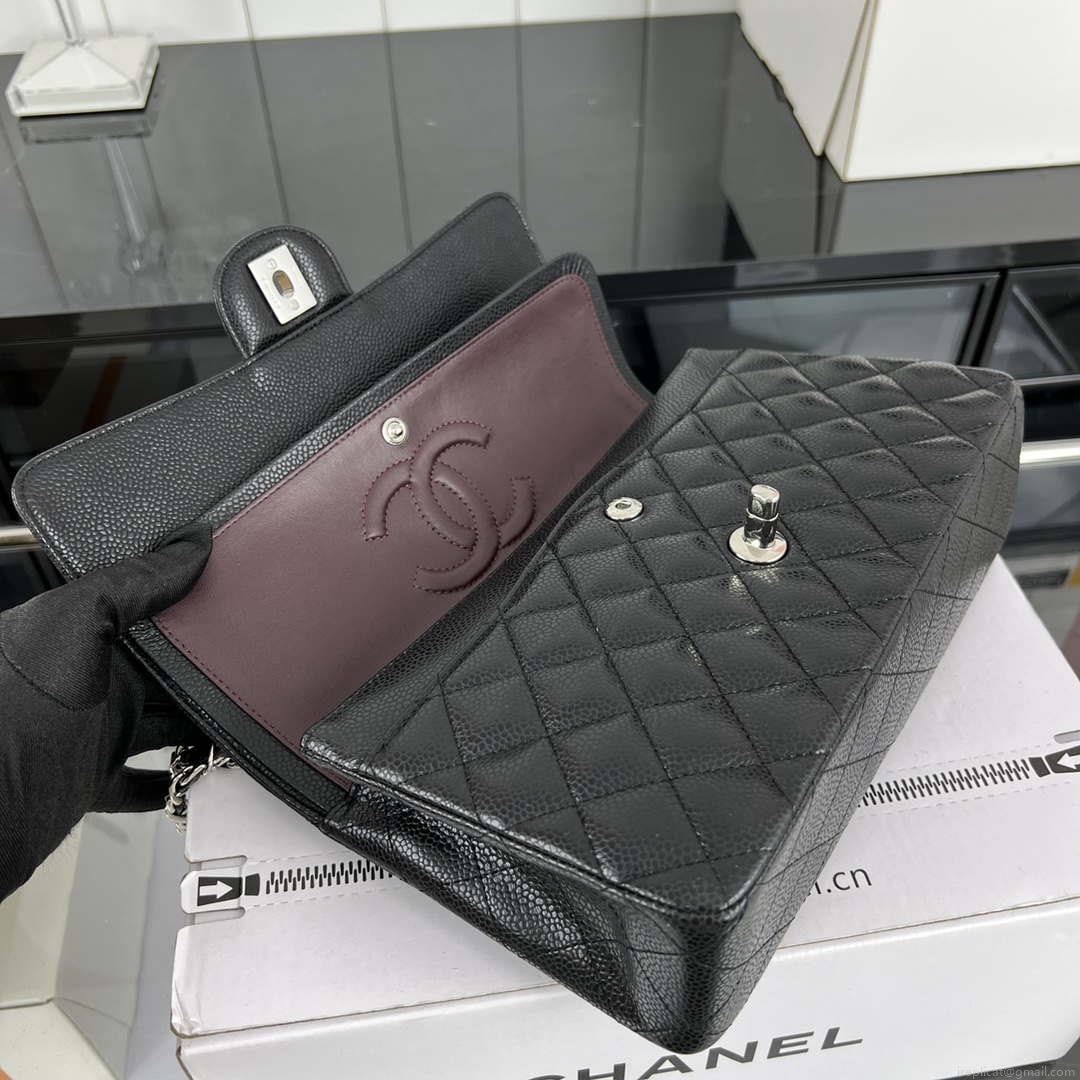 Chanel A01112 Flap Classic Handbag Grained Calfskin & Silver-Tone Metal Black