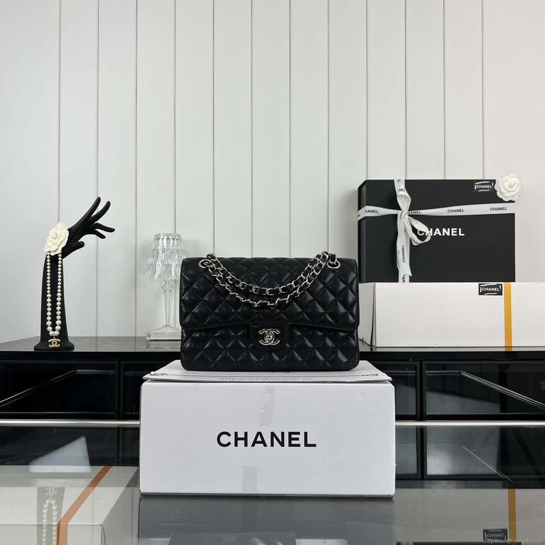 Chanel A01112 Flap Classic Handbag Grained Calfskin & Silver-Tone Metal Black