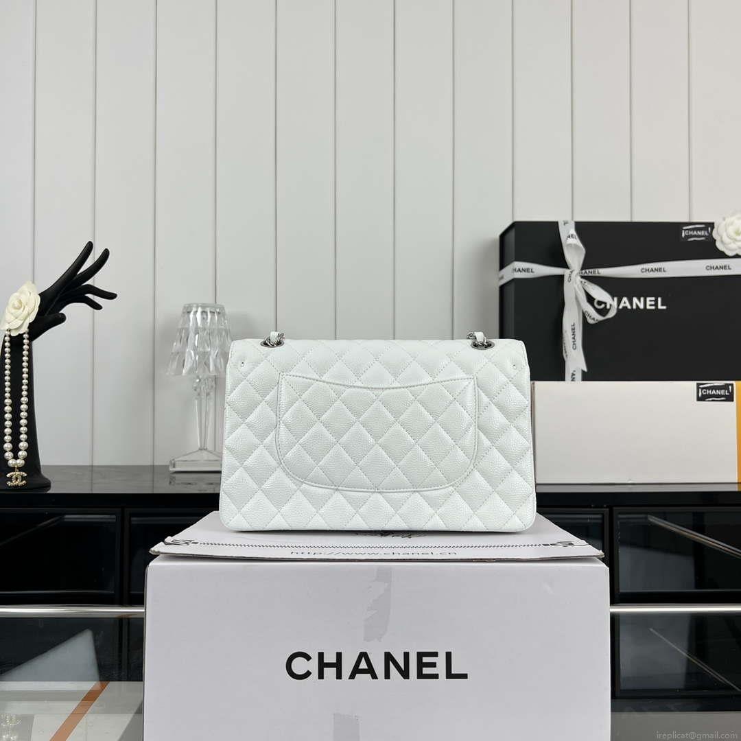 Chanel A01112 Flap Classic Handbag Grained Calfskin & Silver-Tone Metal White