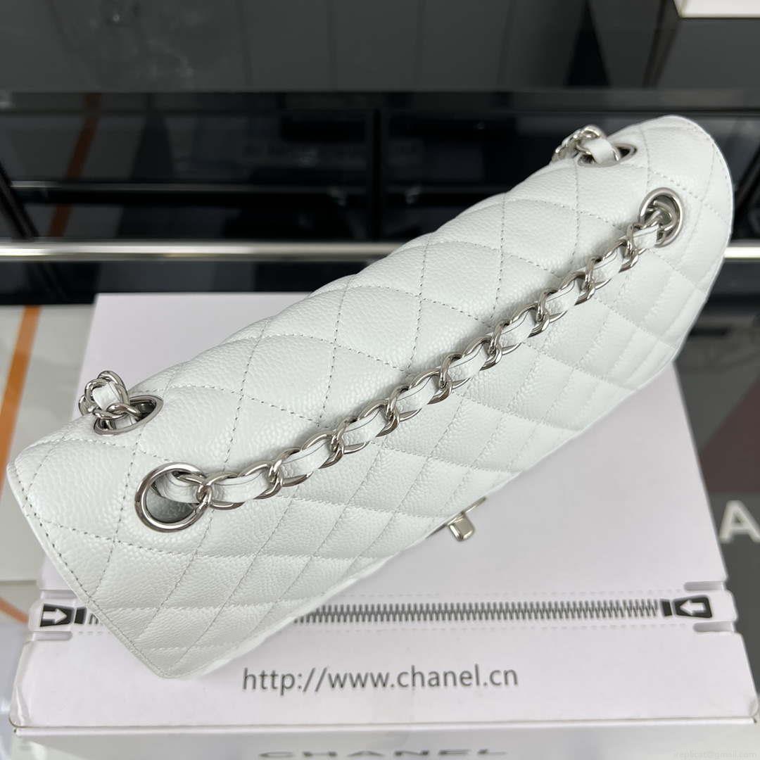 Chanel A01112 Flap Classic Handbag Grained Calfskin & Silver-Tone Metal White