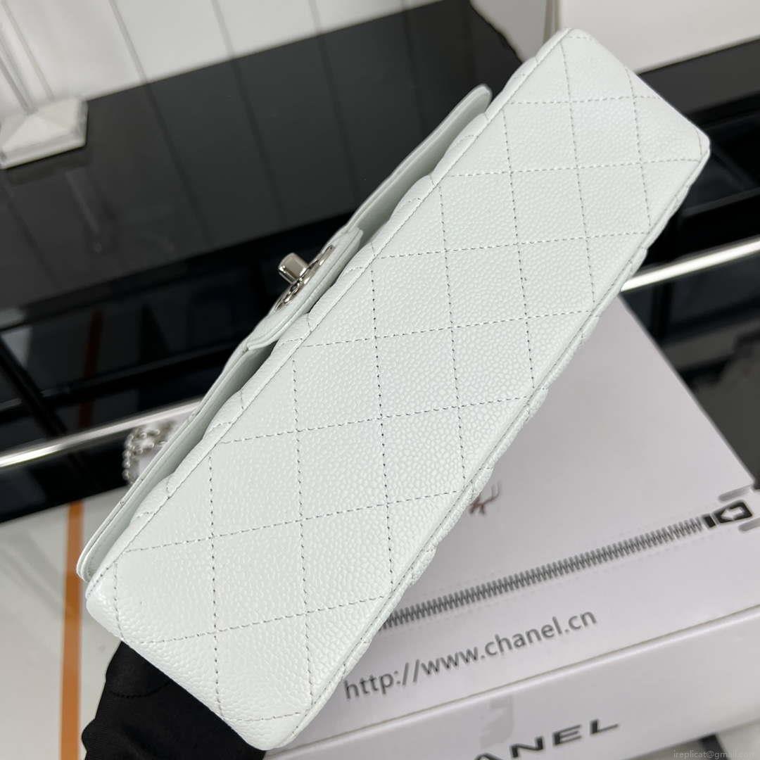 Chanel A01112 Flap Classic Handbag Grained Calfskin & Silver-Tone Metal White