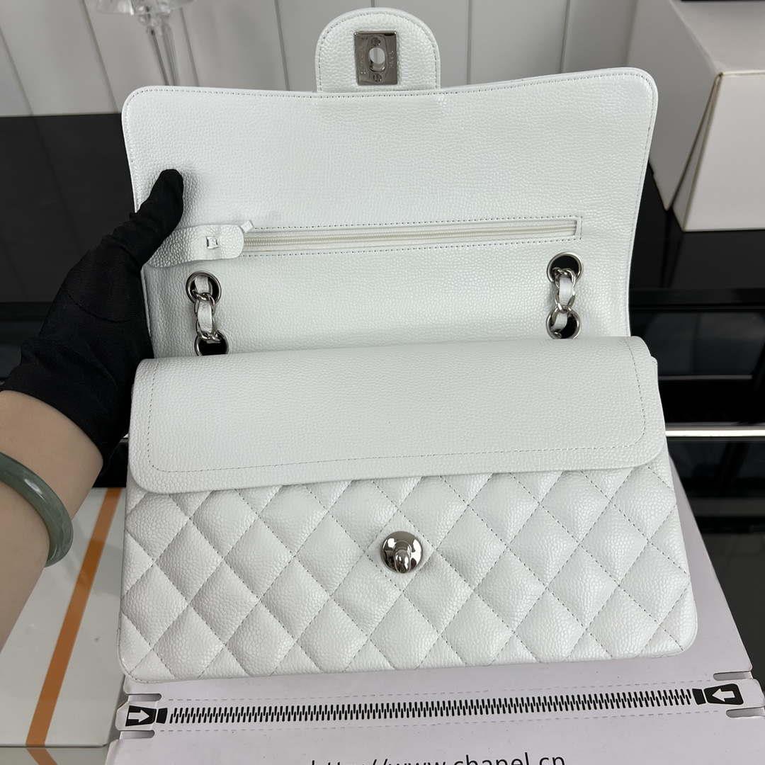 Chanel A01112 Flap Classic Handbag Grained Calfskin & Silver-Tone Metal White
