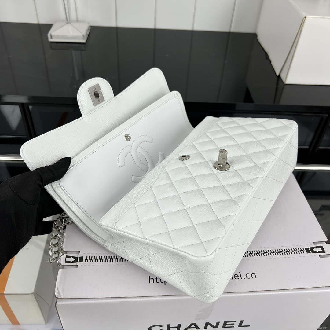 Chanel A01112 Flap Classic Handbag Grained Calfskin & Silver-Tone Metal White