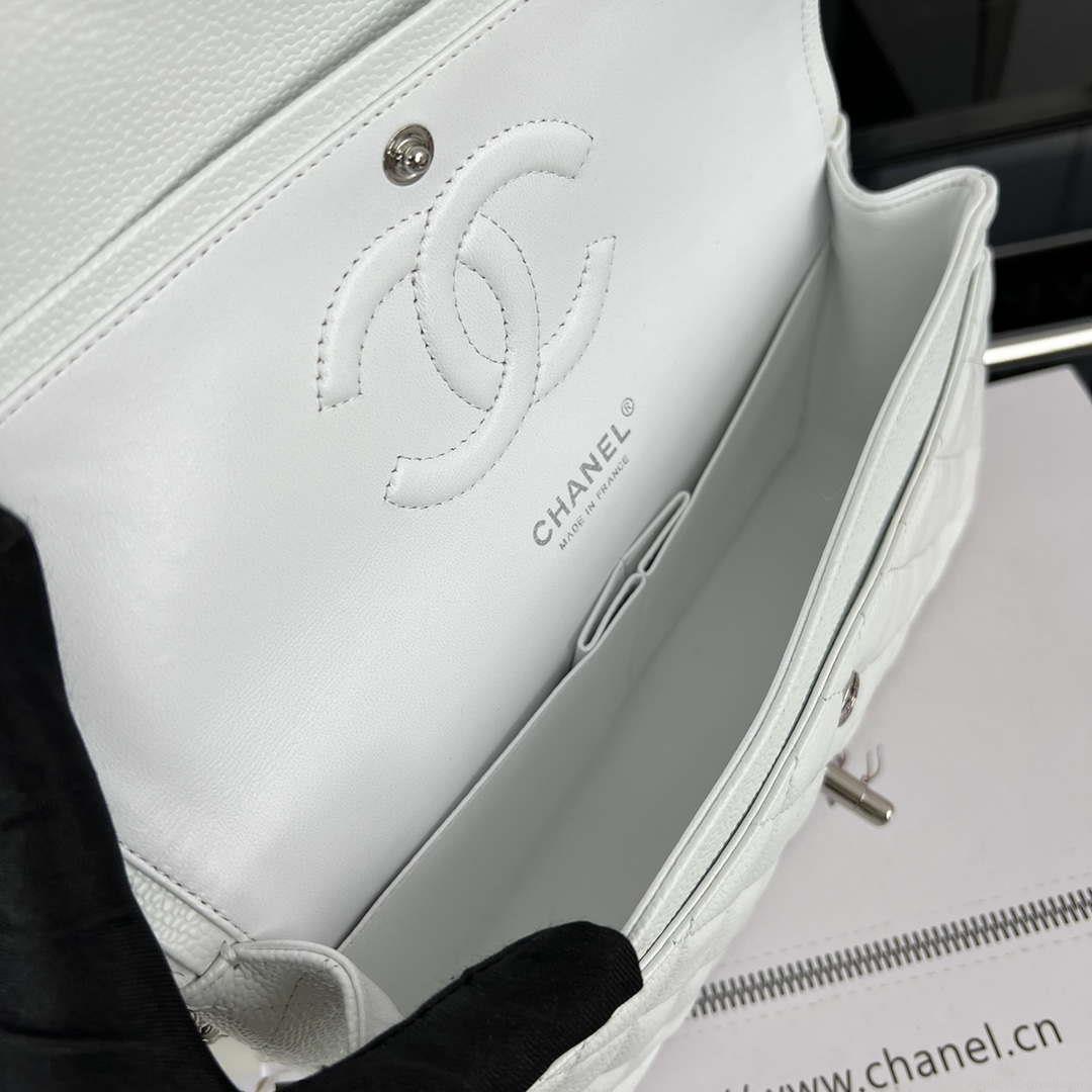 Chanel A01112 Flap Classic Handbag Grained Calfskin & Silver-Tone Metal White