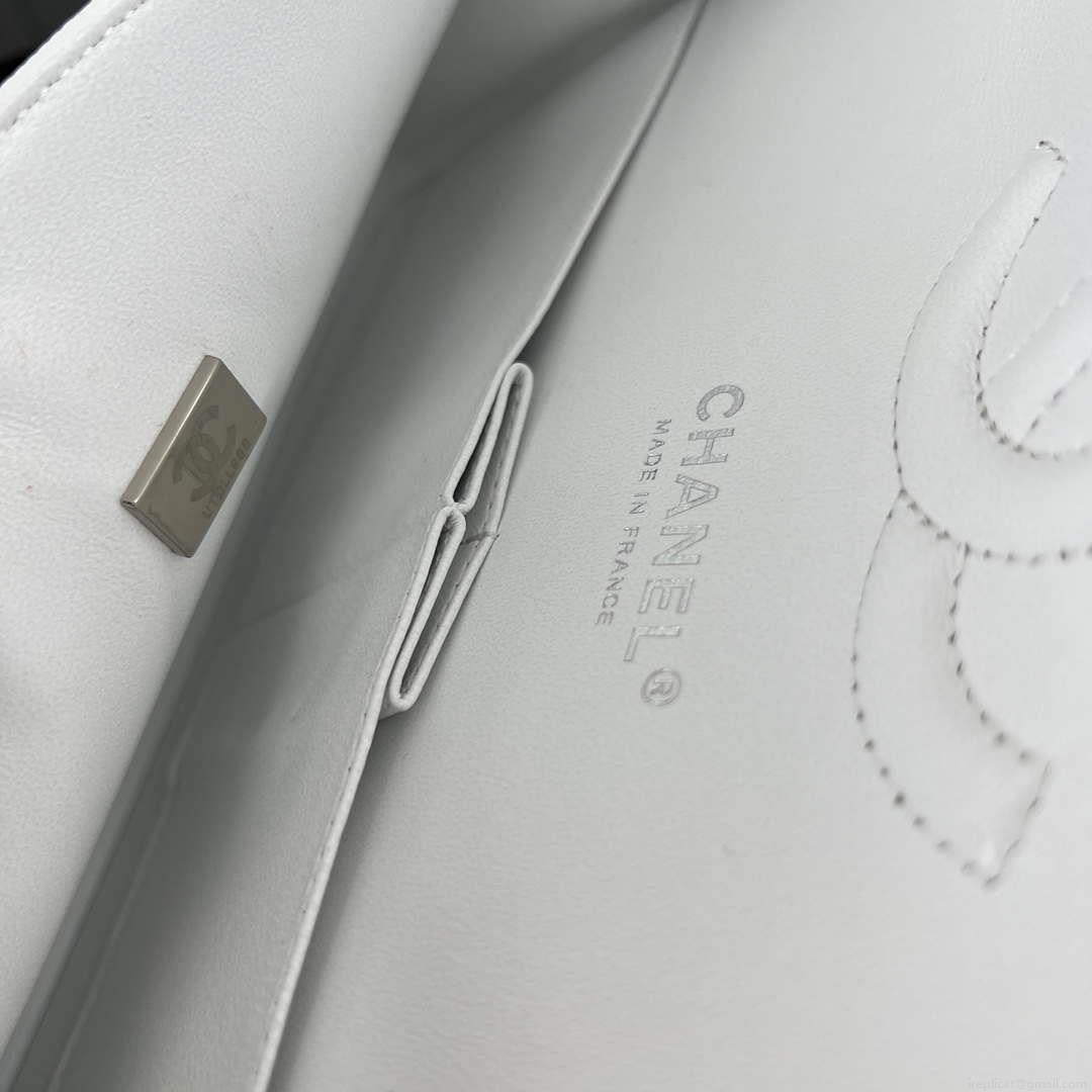 Chanel A01112 Flap Classic Handbag Grained Calfskin & Silver-Tone Metal White