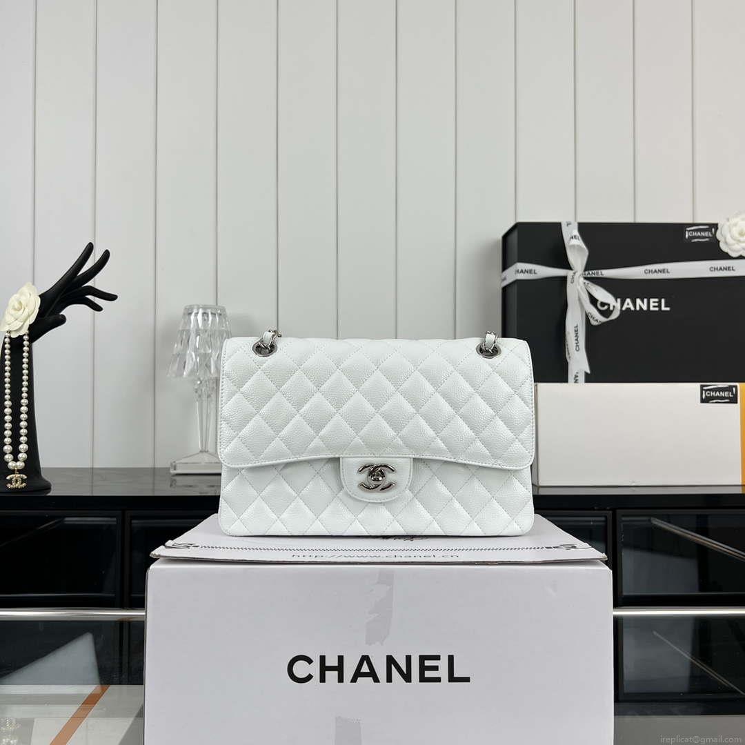 Chanel A01112 Flap Classic Handbag Grained Calfskin & Silver-Tone Metal White