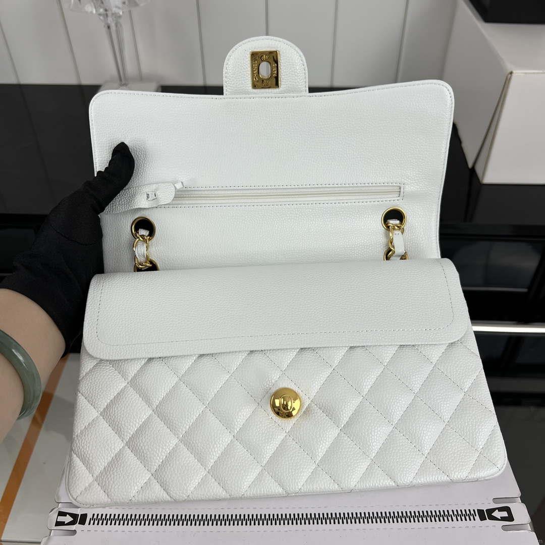 Chanel A01112 Flap Classic Handbag Grained Calfskin & Gold-Tone Metal White