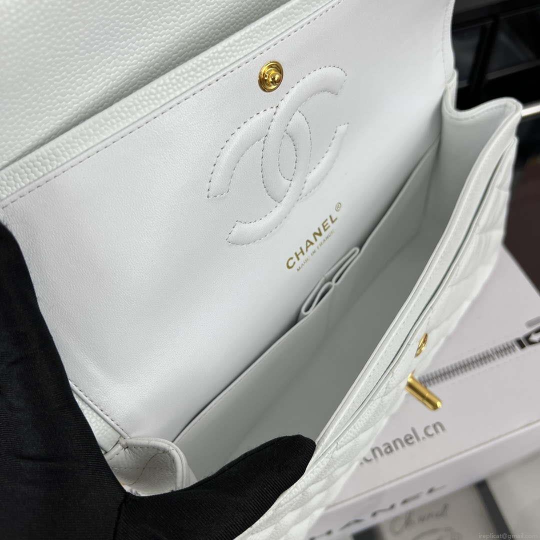 Chanel A01112 Flap Classic Handbag Grained Calfskin & Gold-Tone Metal White