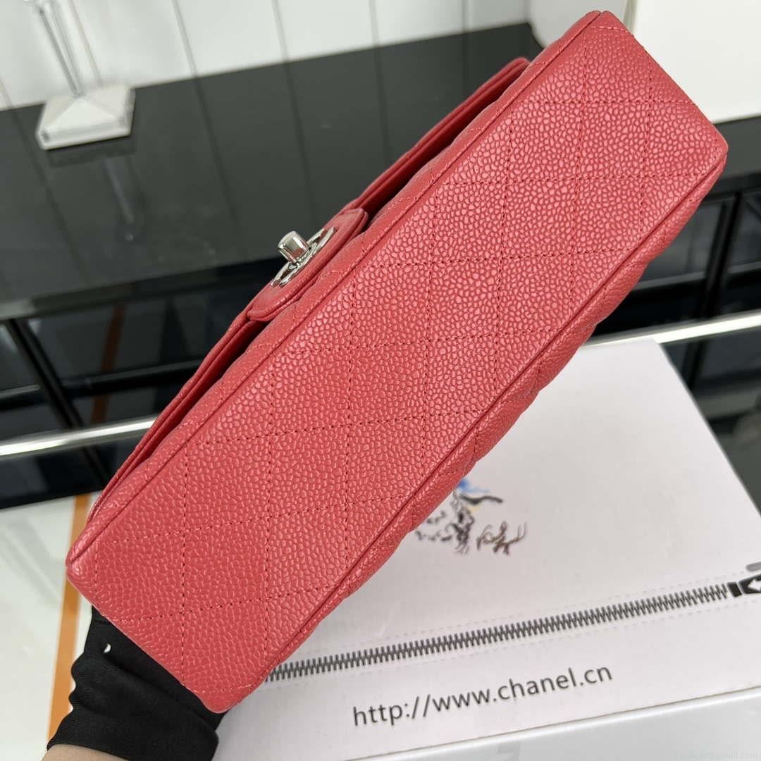 Chanel A01112 Flap Classic Handbag Grained Calfskin & Silver-Tone Metal Red