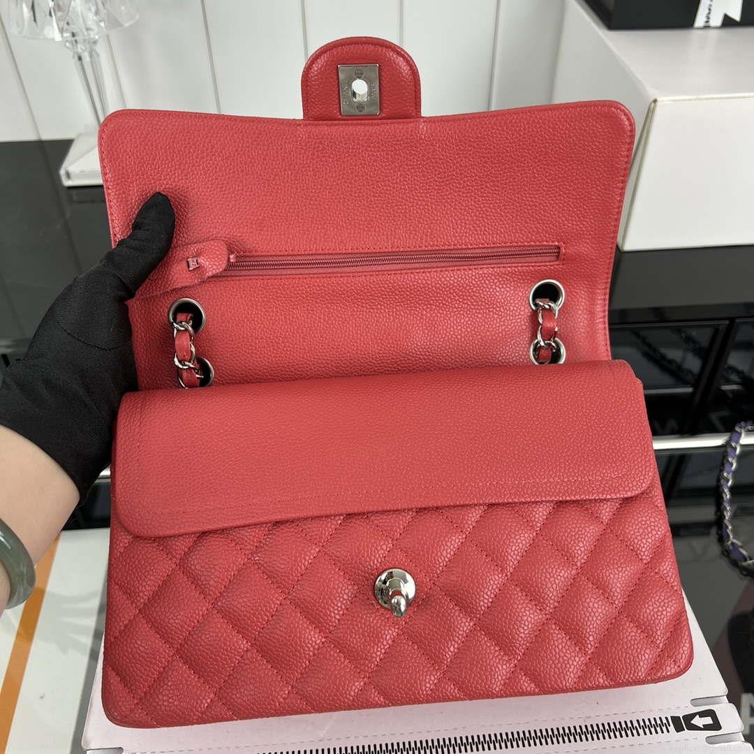 Chanel A01112 Flap Classic Handbag Grained Calfskin & Silver-Tone Metal Red