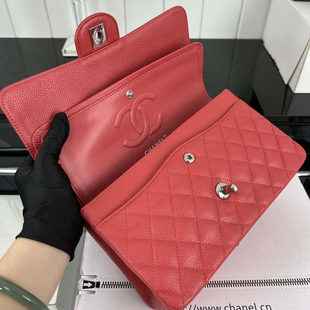 Chanel A01112 Flap Classic Handbag Grained Calfskin & Silver-Tone Metal Red