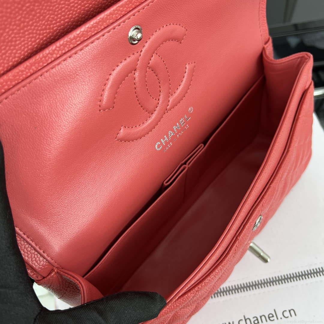 Chanel A01112 Flap Classic Handbag Grained Calfskin & Silver-Tone Metal Red