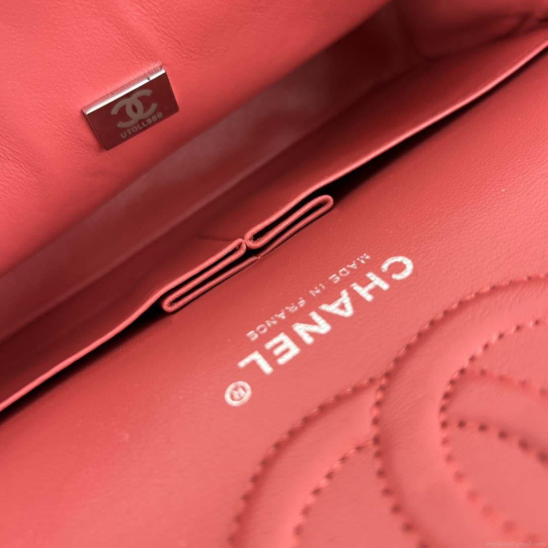 Chanel A01112 Flap Classic Handbag Grained Calfskin & Silver-Tone Metal Red