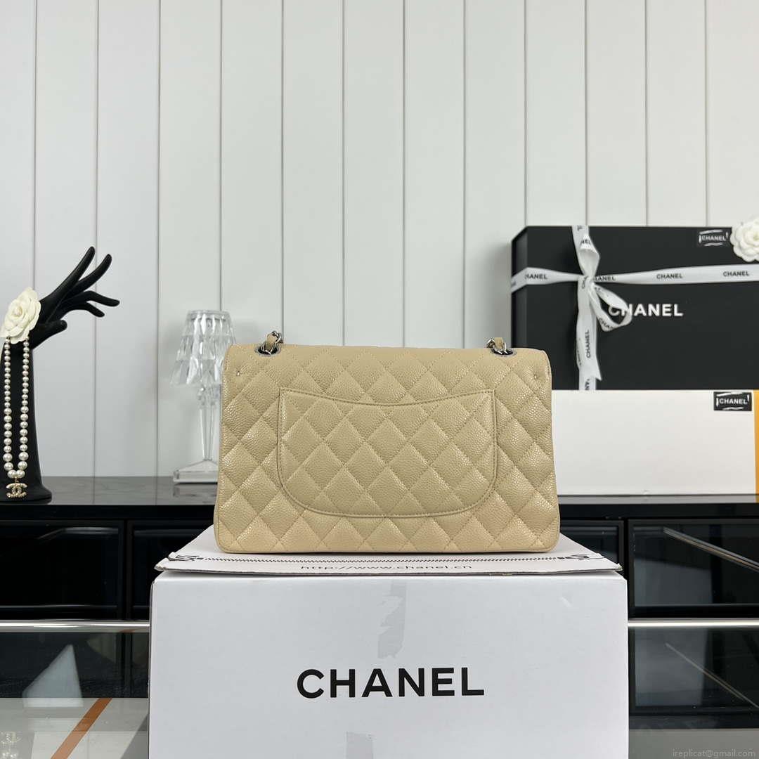 Chanel A01112 Flap Classic Handbag Grained Calfskin & Silver-Tone Metal Apricot