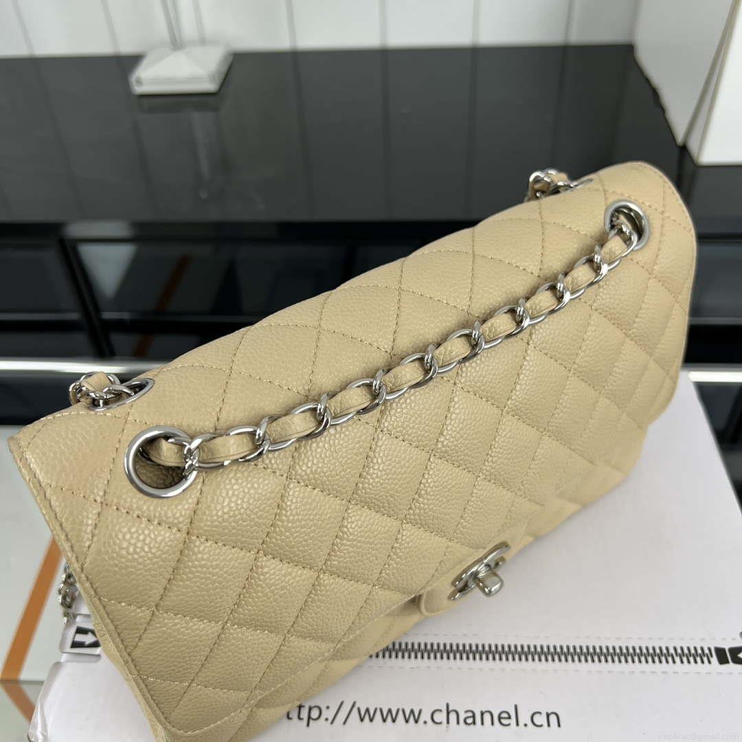 Chanel A01112 Flap Classic Handbag Grained Calfskin & Silver-Tone Metal Apricot