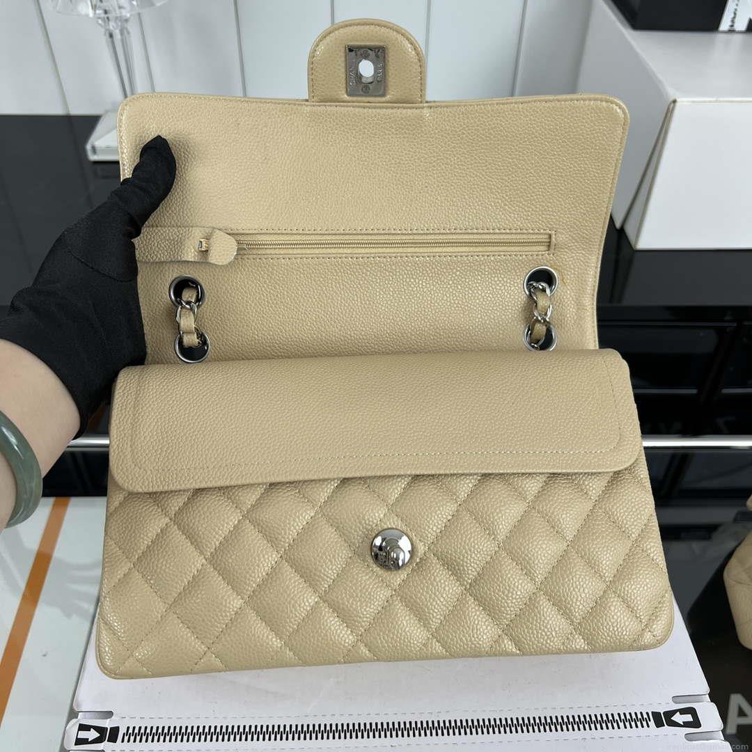 Chanel A01112 Flap Classic Handbag Grained Calfskin & Silver-Tone Metal Apricot