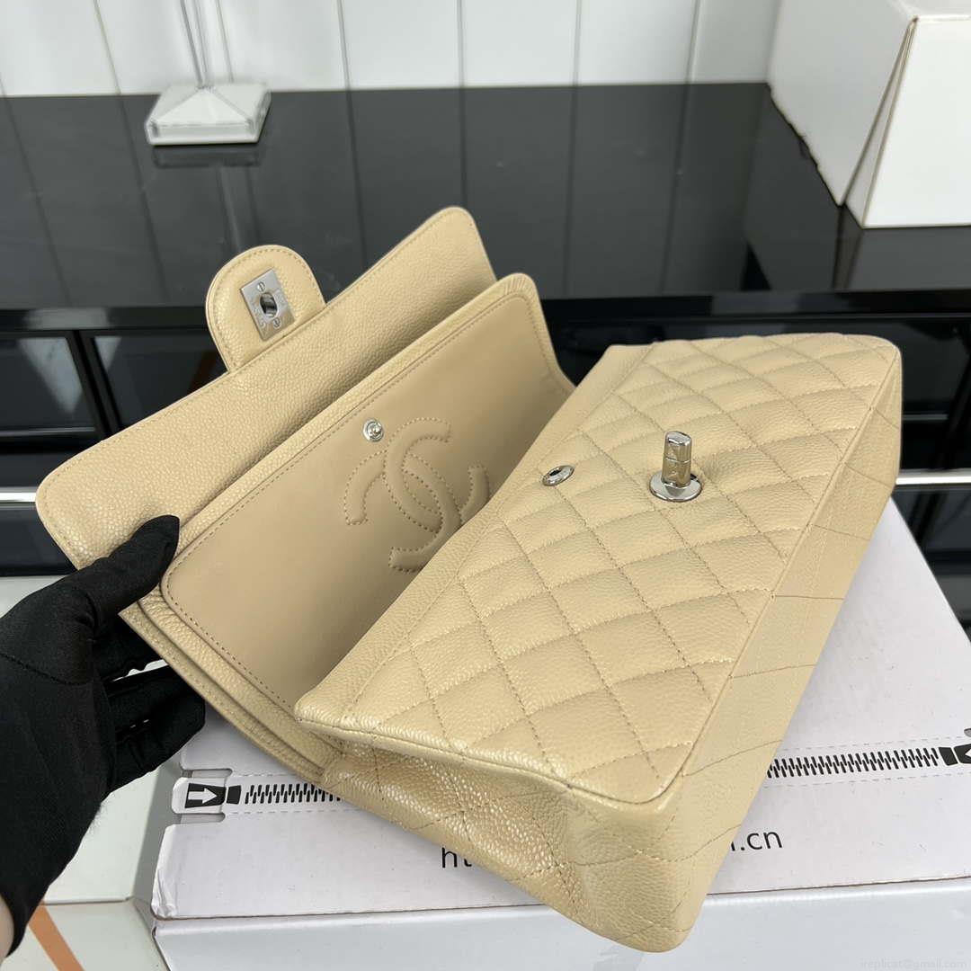 Chanel A01112 Flap Classic Handbag Grained Calfskin & Silver-Tone Metal Apricot