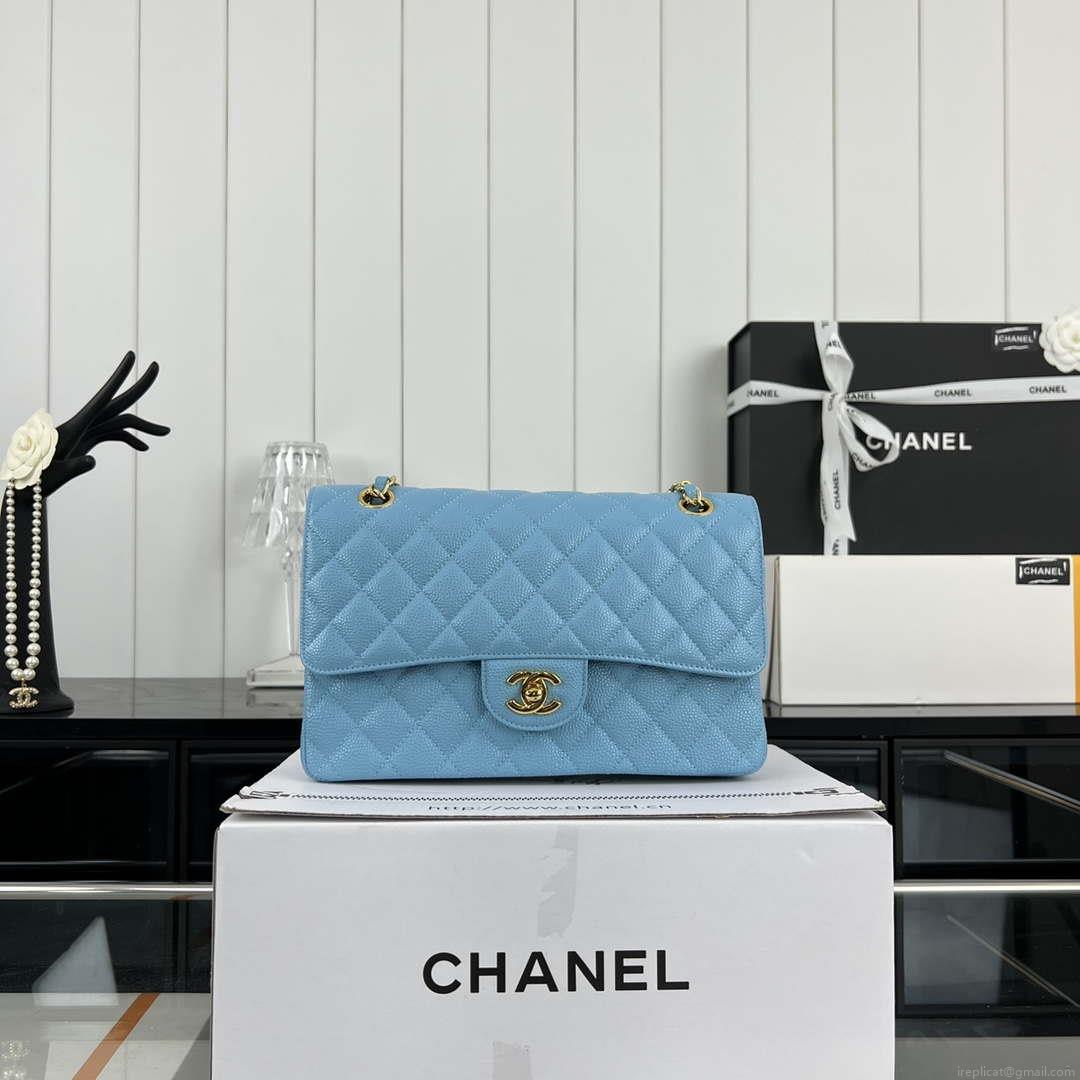 Chanel A01112 Flap Classic Handbag Grained Calfskin & Gold-Tone Metal Blue
