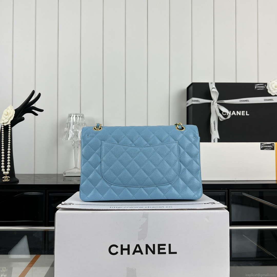 Chanel A01112 Flap Classic Handbag Grained Calfskin & Gold-Tone Metal Blue