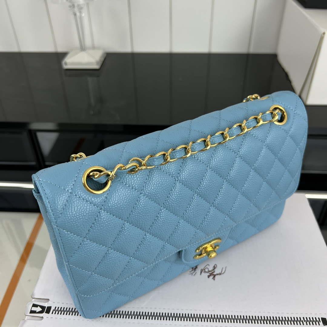 Chanel A01112 Flap Classic Handbag Grained Calfskin & Gold-Tone Metal Blue