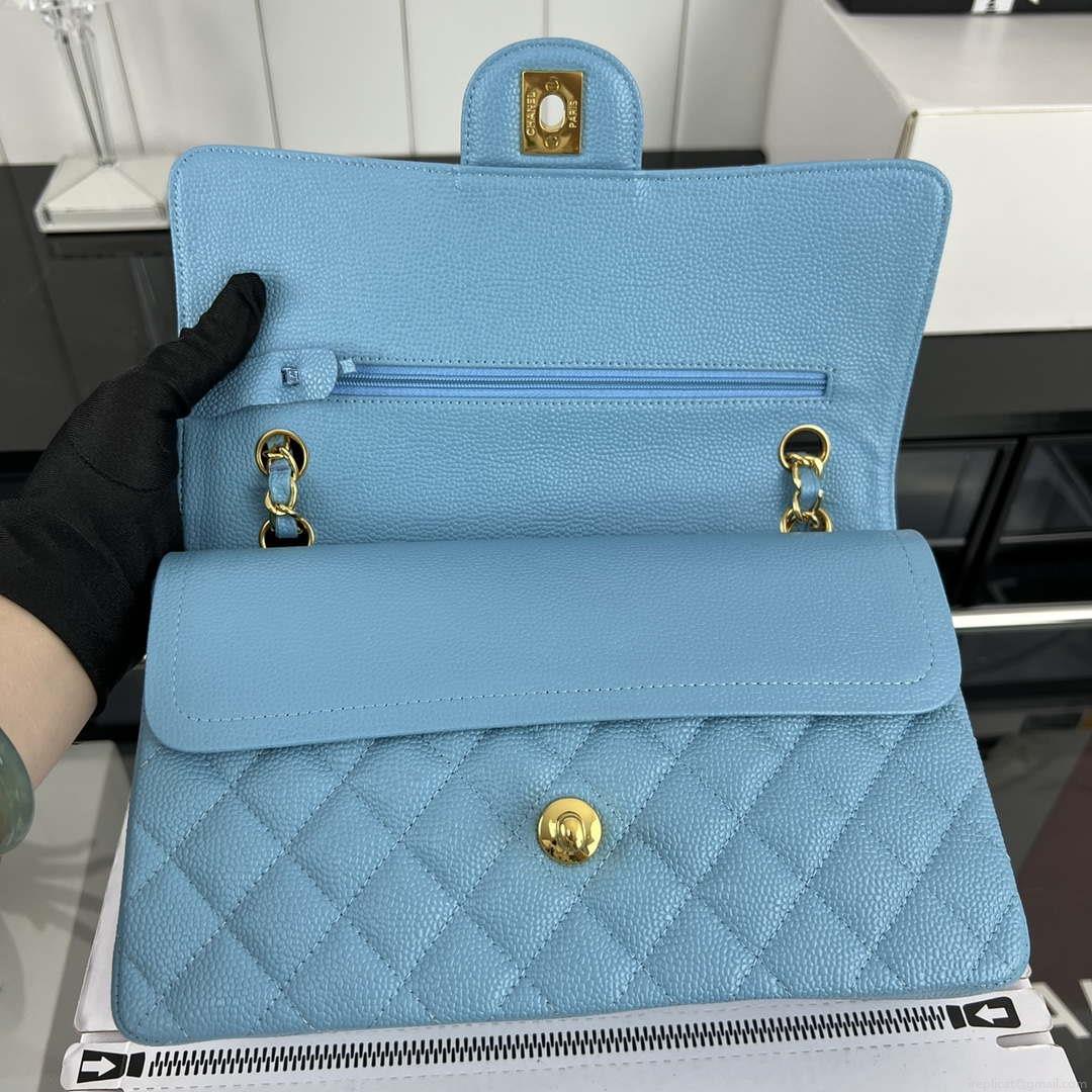 Chanel A01112 Flap Classic Handbag Grained Calfskin & Gold-Tone Metal Blue