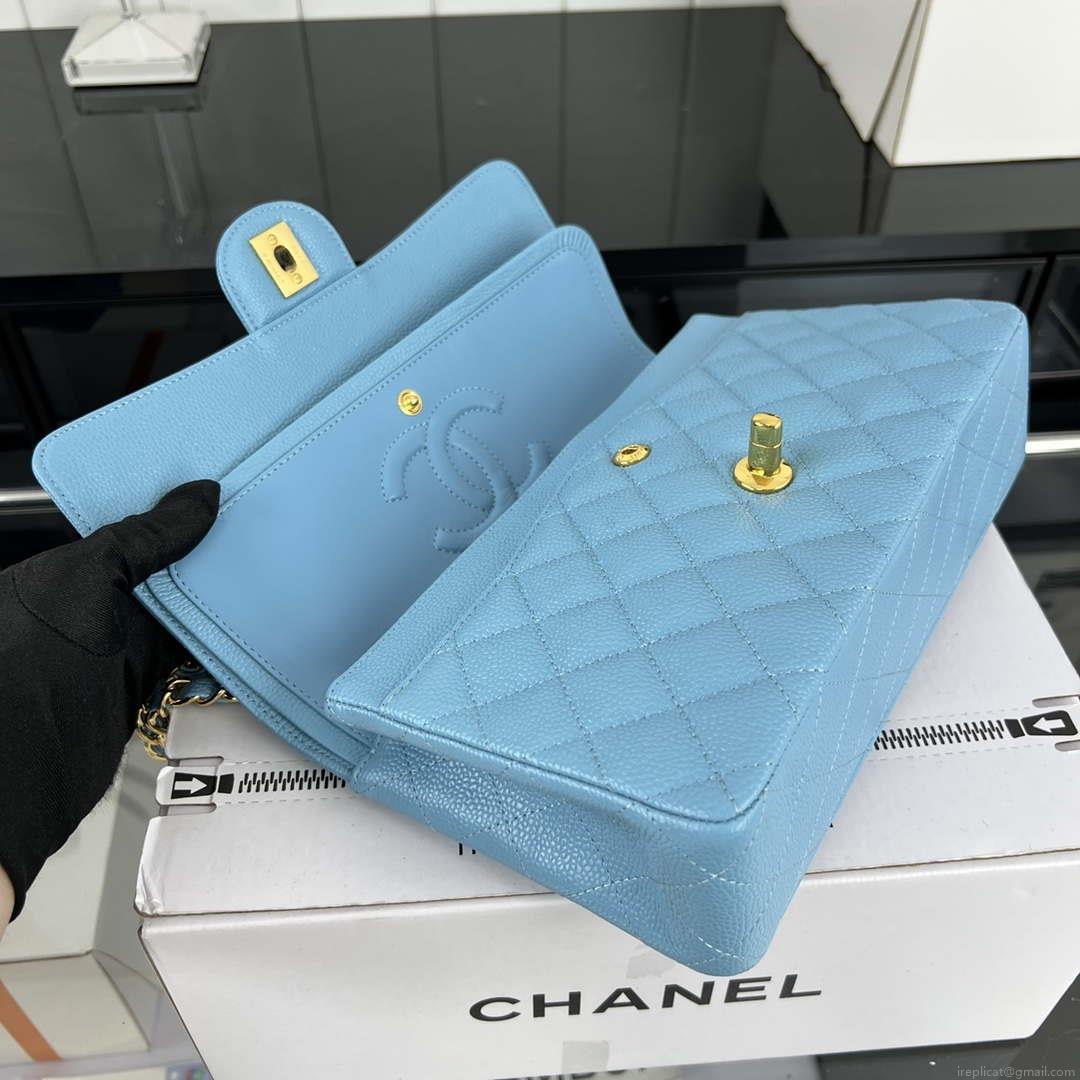 Chanel A01112 Flap Classic Handbag Grained Calfskin & Gold-Tone Metal Blue