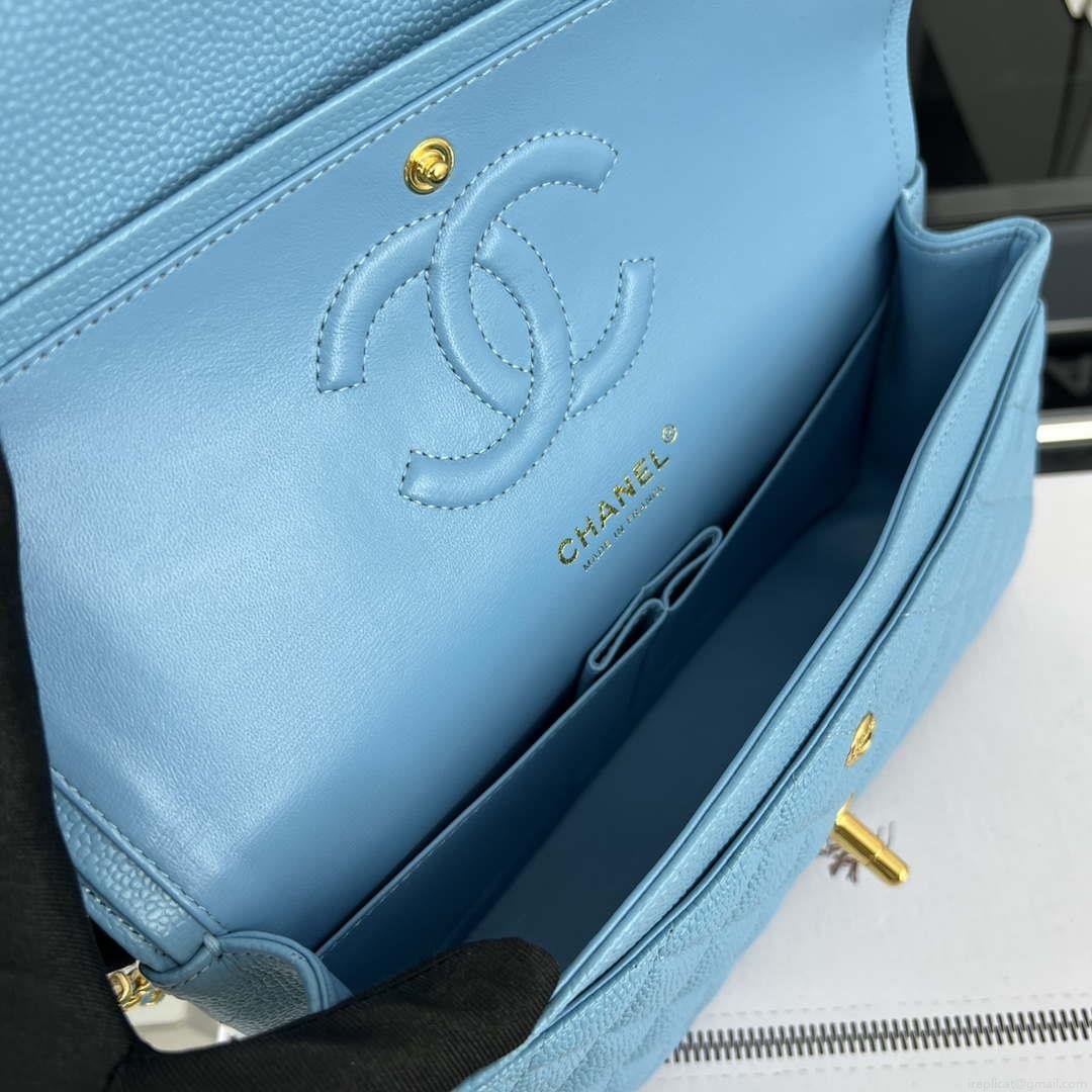 Chanel A01112 Flap Classic Handbag Grained Calfskin & Gold-Tone Metal Blue