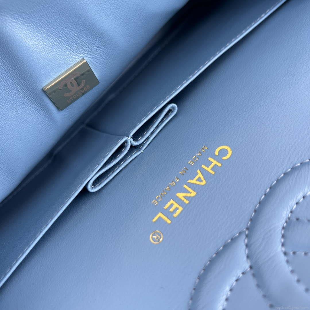 Chanel A01112 Flap Classic Handbag Grained Calfskin & Gold-Tone Metal Blue
