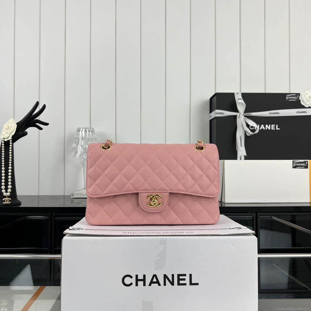 Chanel A01112 Flap Classic Handbag Grained Calfskin & Gold-Tone Metal Pink