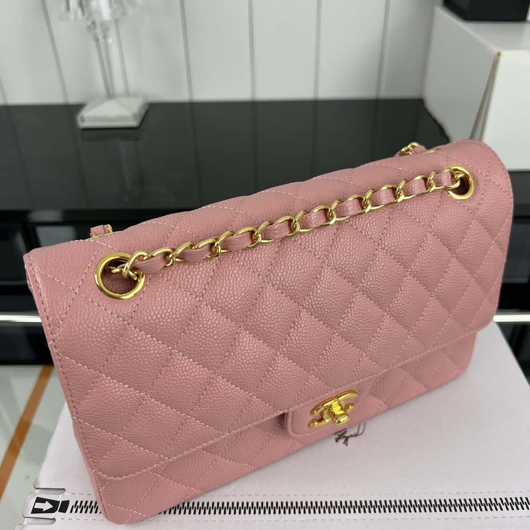 Chanel A01112 Flap Classic Handbag Grained Calfskin & Gold-Tone Metal Pink
