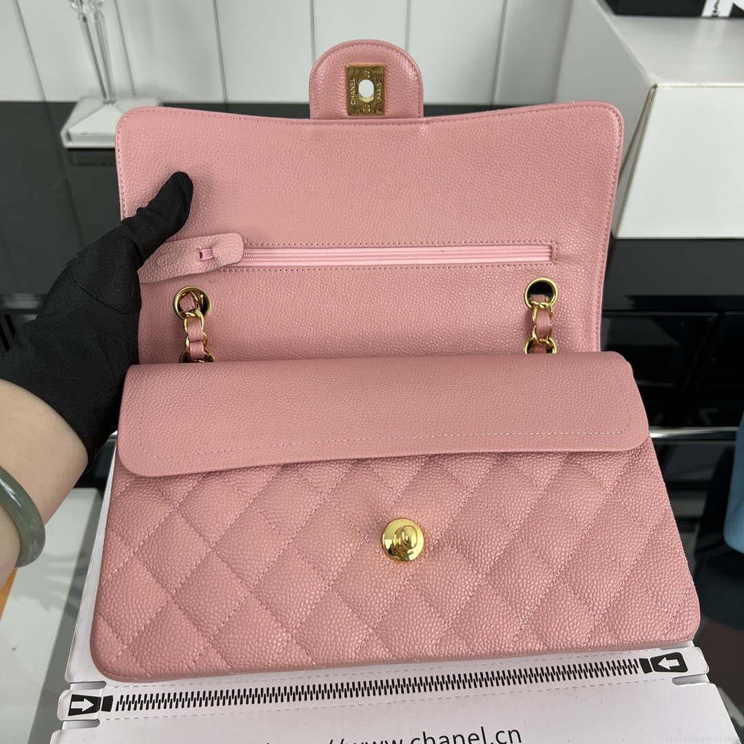 Chanel A01112 Flap Classic Handbag Grained Calfskin & Gold-Tone Metal Pink