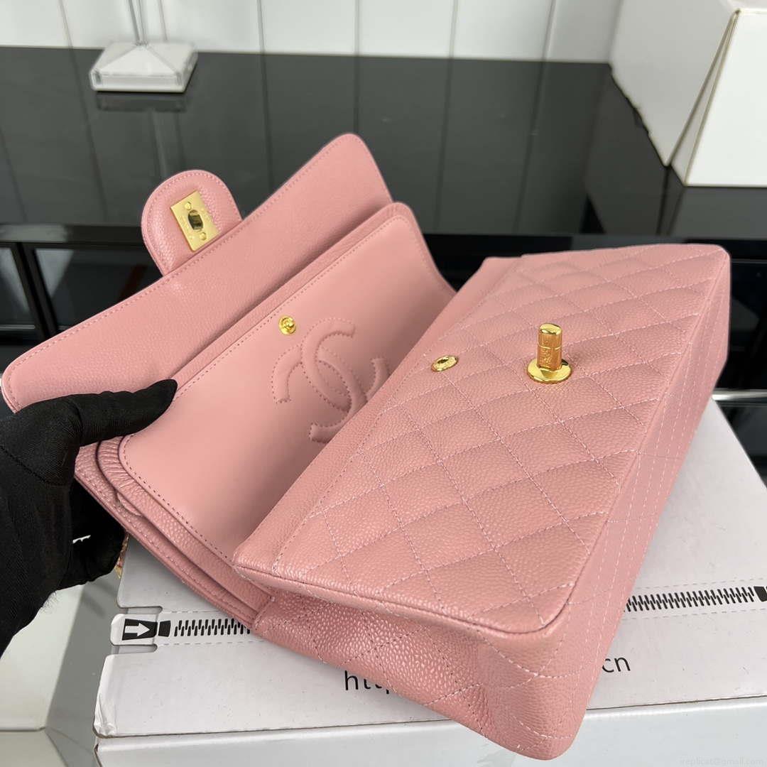Chanel A01112 Flap Classic Handbag Grained Calfskin & Gold-Tone Metal Pink