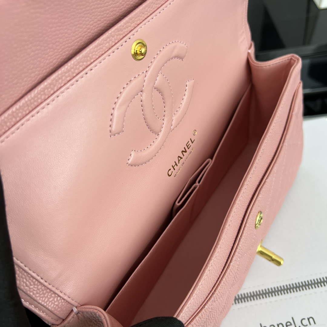 Chanel A01112 Flap Classic Handbag Grained Calfskin & Gold-Tone Metal Pink