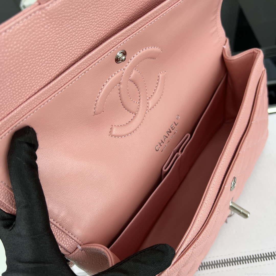 Chanel A01112 Flap Classic Handbag Grained Calfskin & Silver-Tone Metal Pink
