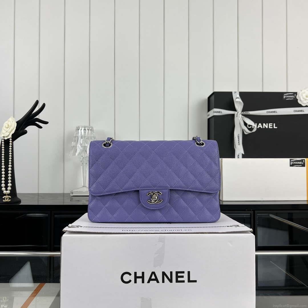 Chanel A01112 Flap Classic Handbag Grained Calfskin & Silver-Tone Metal Purple