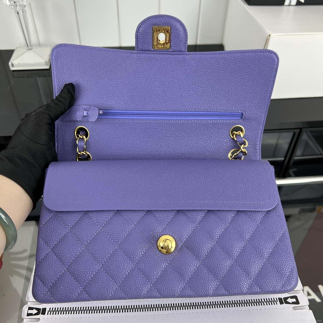 Chanel A01112 Flap Classic Handbag Grained Calfskin & Gold-Tone Metal Purple