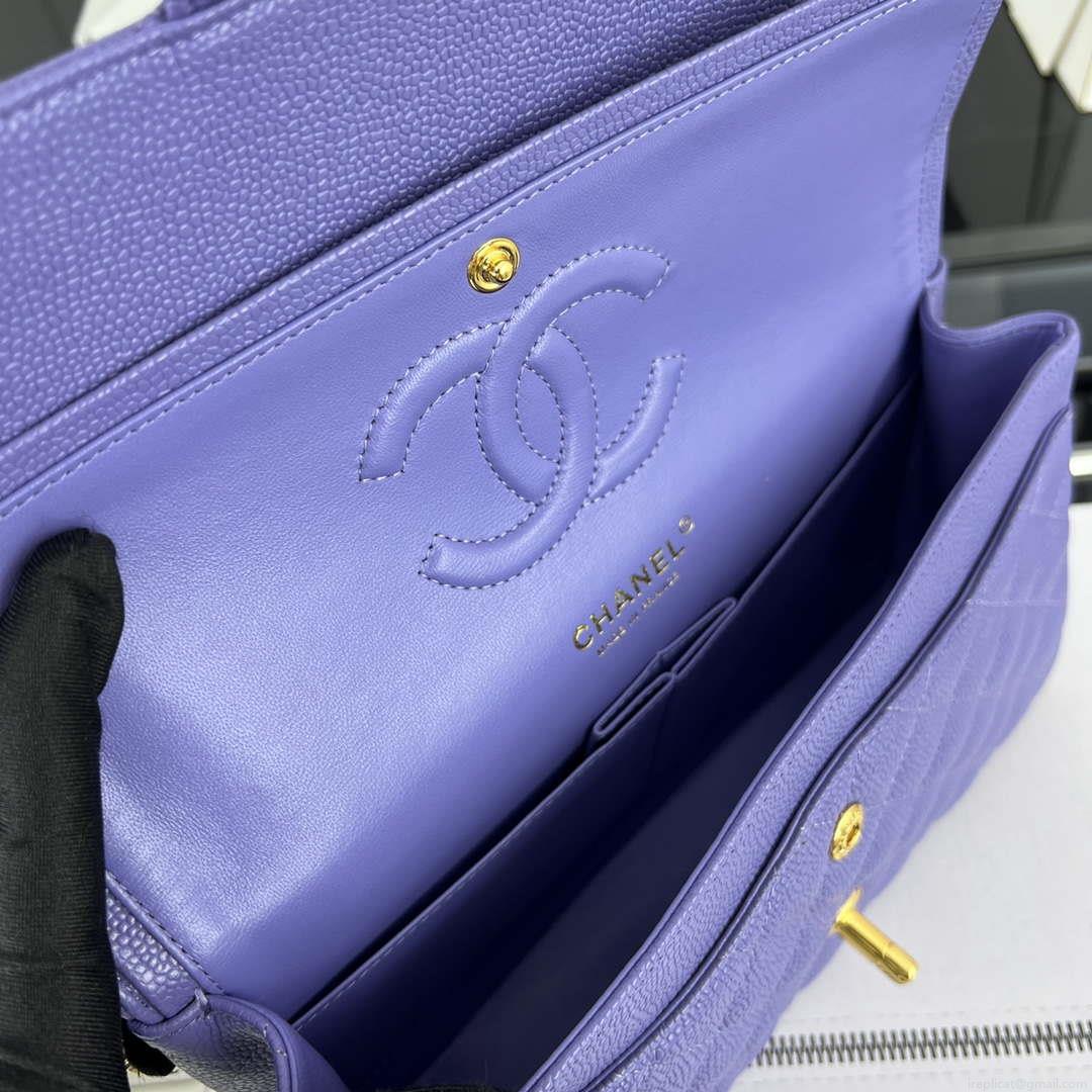 Chanel A01112 Flap Classic Handbag Grained Calfskin & Gold-Tone Metal Purple