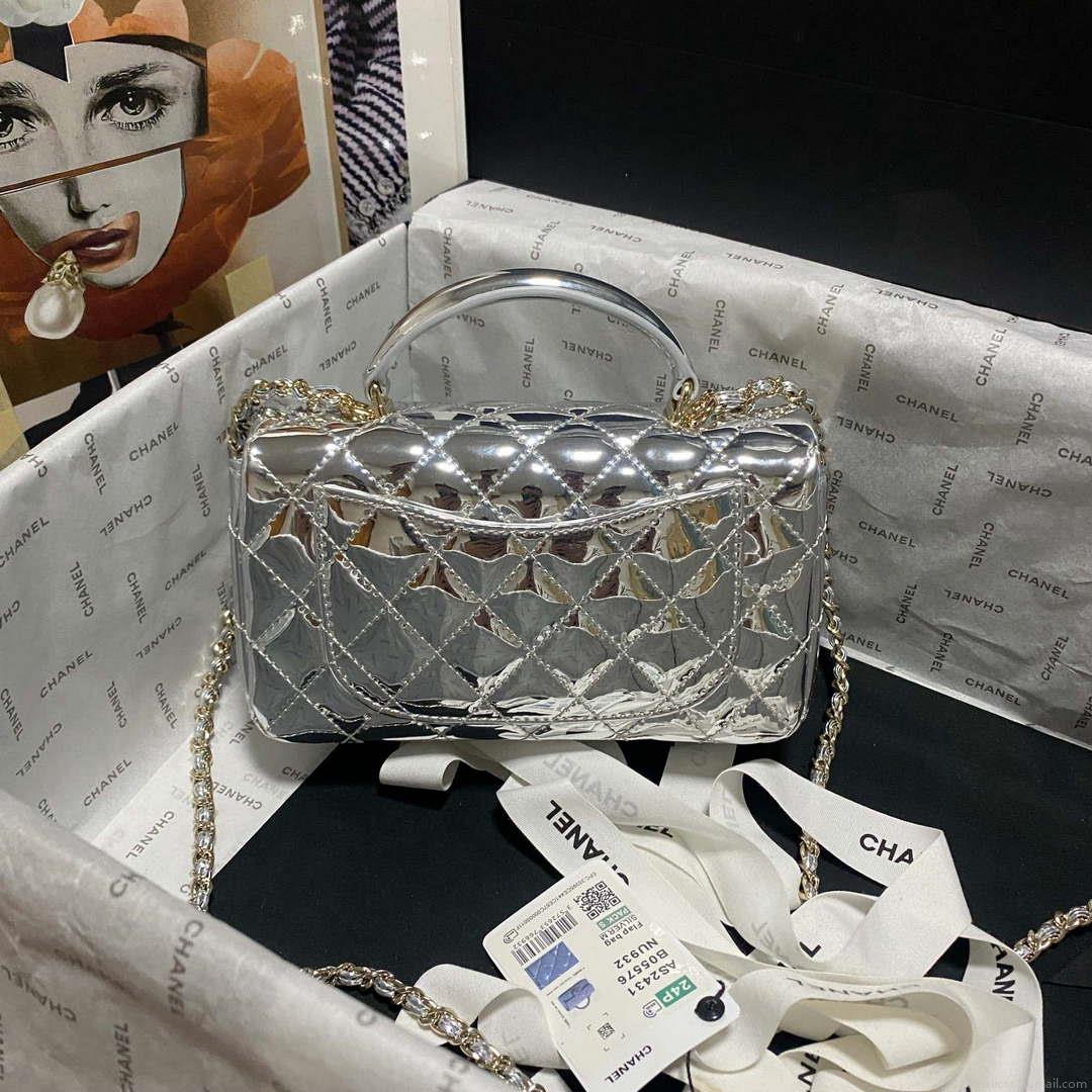 Chanel AS2431 Mini flap Mirror Calfskin Metallic Calfskin & Gold-Tone Metal Silver