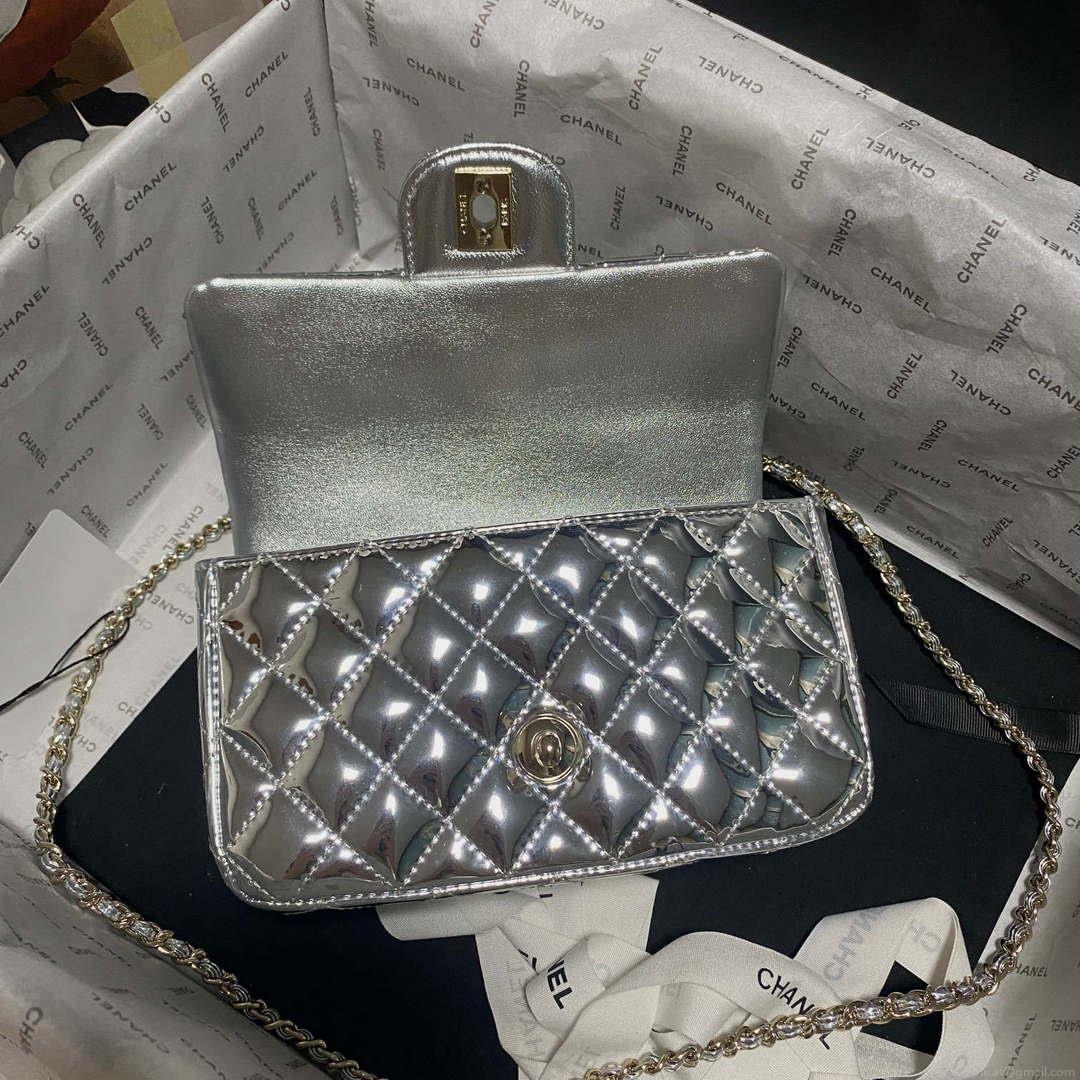 Chanel AS2431 Mini flap Mirror Calfskin Metallic Calfskin & Gold-Tone Metal Silver