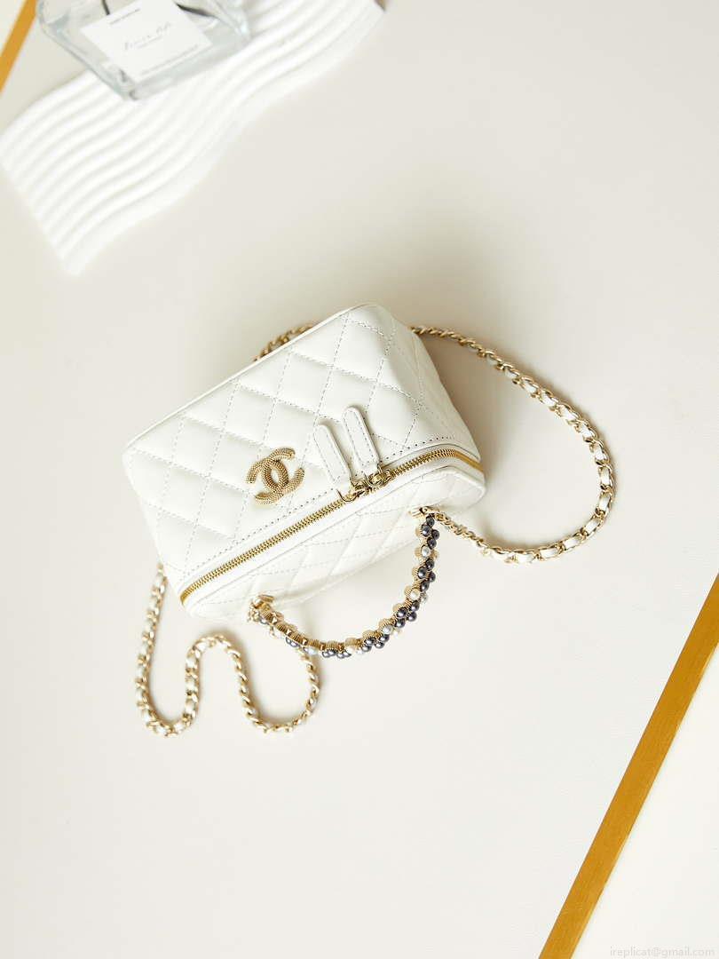 Chanel AP3804 Clutch Lambskin Vanity Box bag With Pearl handle White