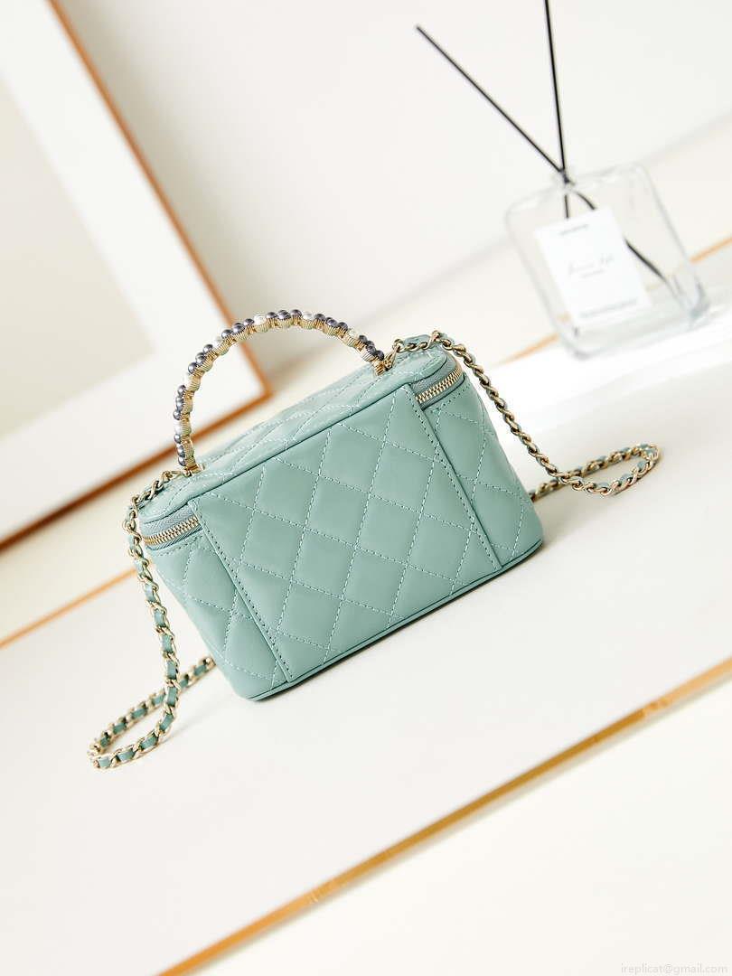 Chanel AP3804 Clutch Lambskin Vanity Box bag With Pearl handle Green