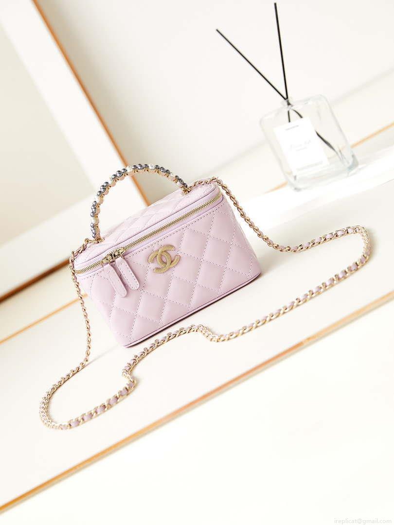Chanel AP3804 Clutch Lambskin Vanity Box bag With Pearl handle Pink