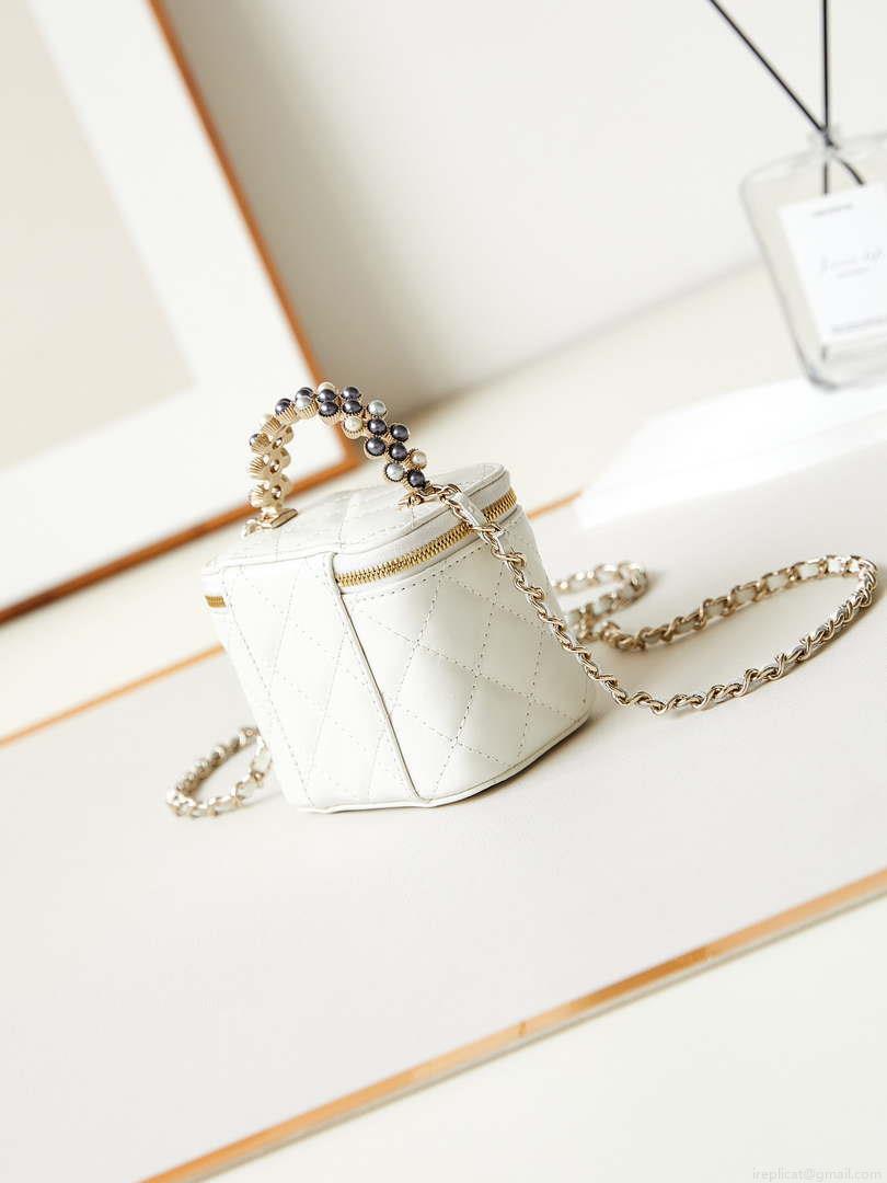 Chanel AP3805 Mini Clutch Lambskin Vanity Box bag With Pearl handle White
