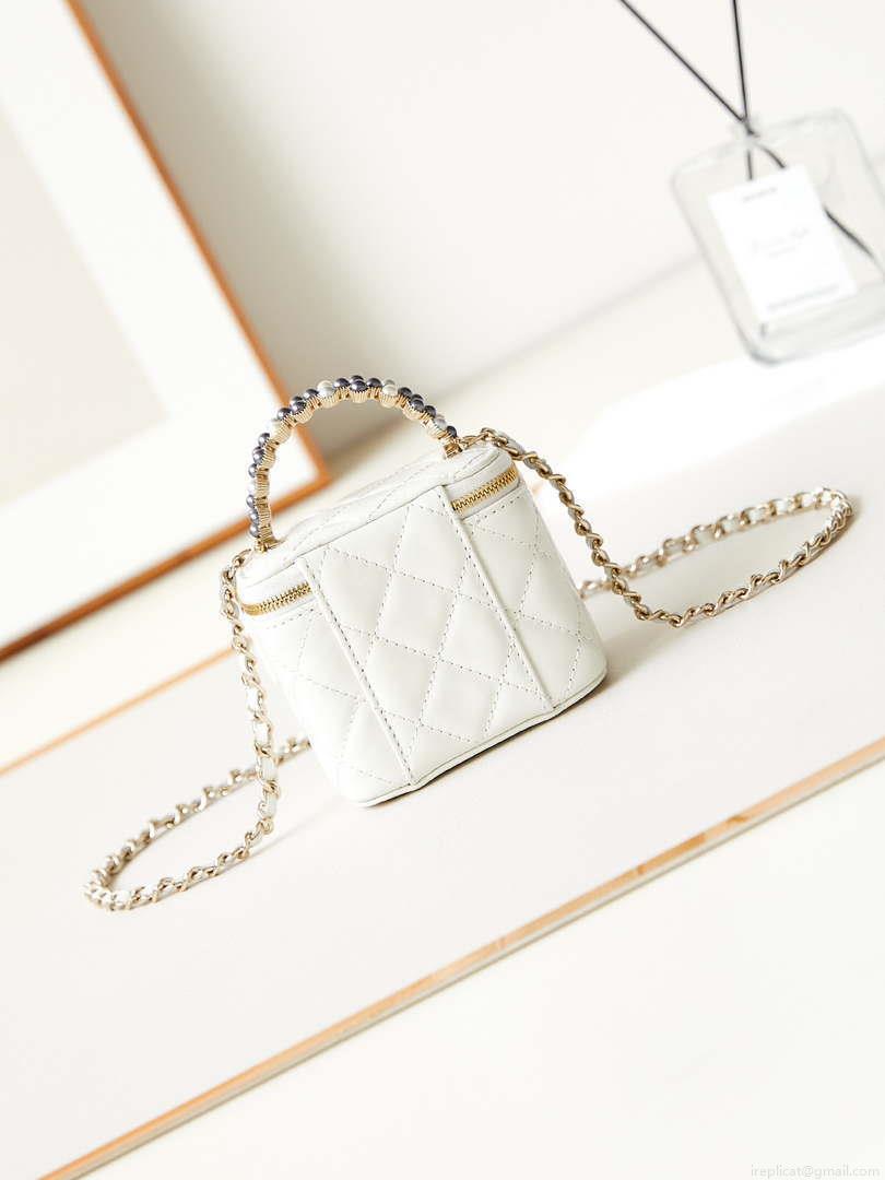 Chanel AP3805 Mini Clutch Lambskin Vanity Box bag With Pearl handle White