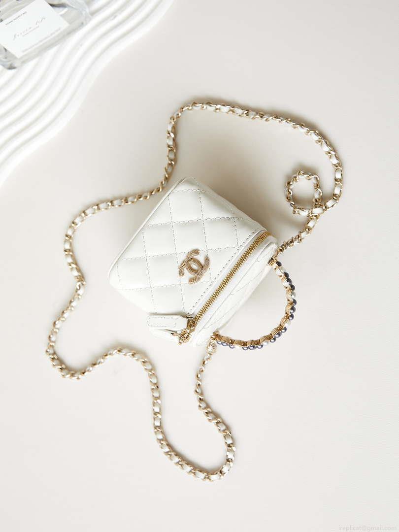 Chanel AP3805 Mini Clutch Lambskin Vanity Box bag With Pearl handle White